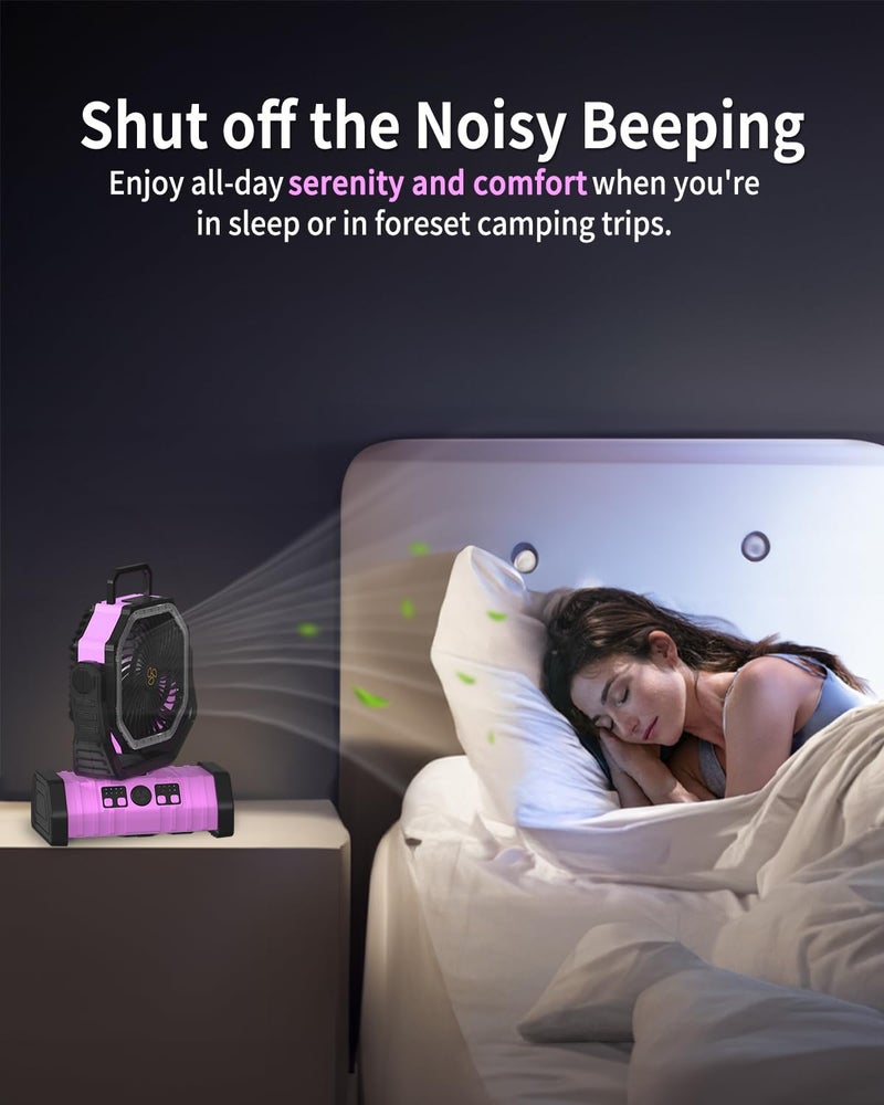 Adust Camping Battery Operated Powered Fan with LED Lantern Light Portable 20000mAh Rechargeable Oscillating Fan with 360° Rotation Hanging Hook for Tents, Cordless USB Desk Fan(Pink) - Image 2